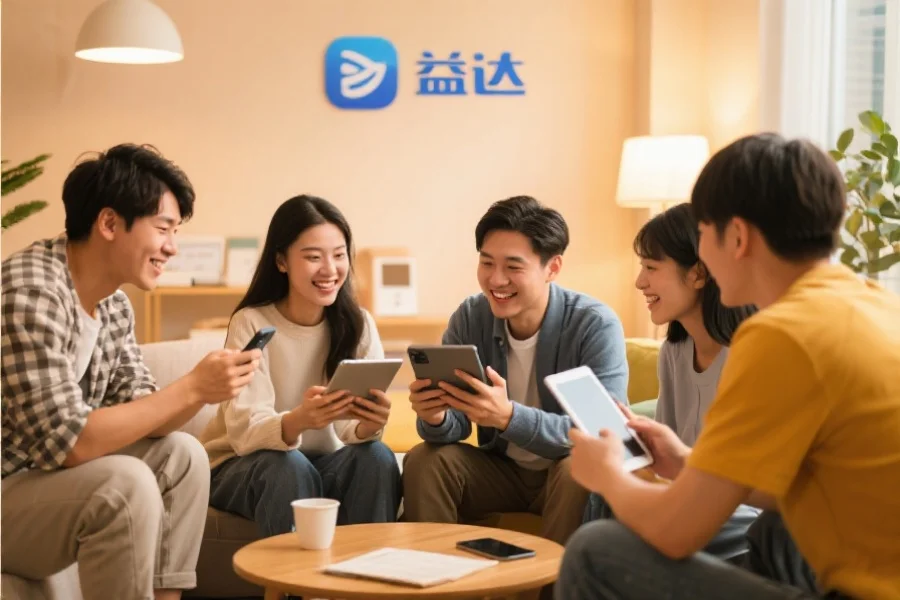 一群年轻用户围坐在一起，使用平板和手机愉快地交流，背景温馨现代，象征天狮应用的社区活跃氛围